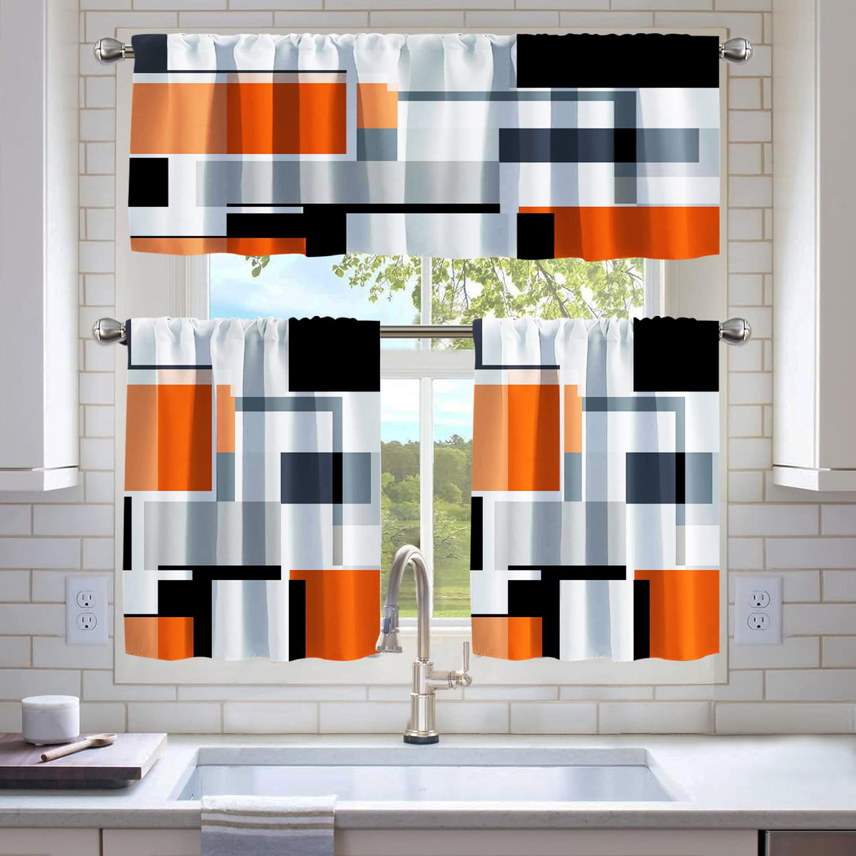 Kitchen Curtains Sets for Windows,52x36 Inch 3 Piece,Green Marble