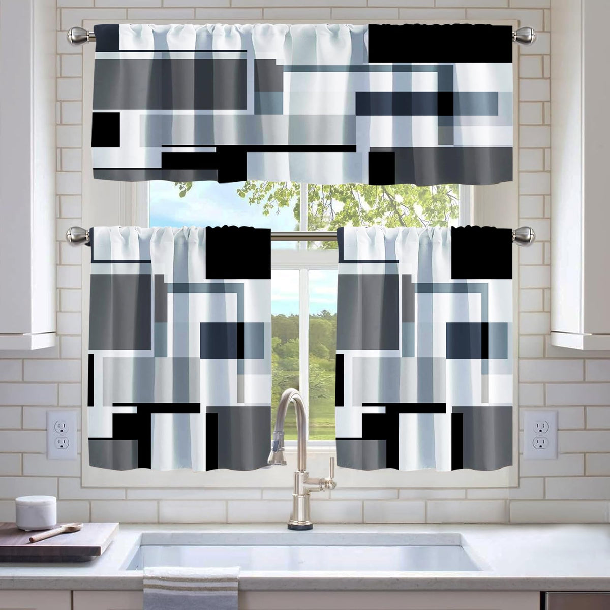 Kitchen Curtains Sets for Windows,52x36 Inch 3 Piece,Green Marble