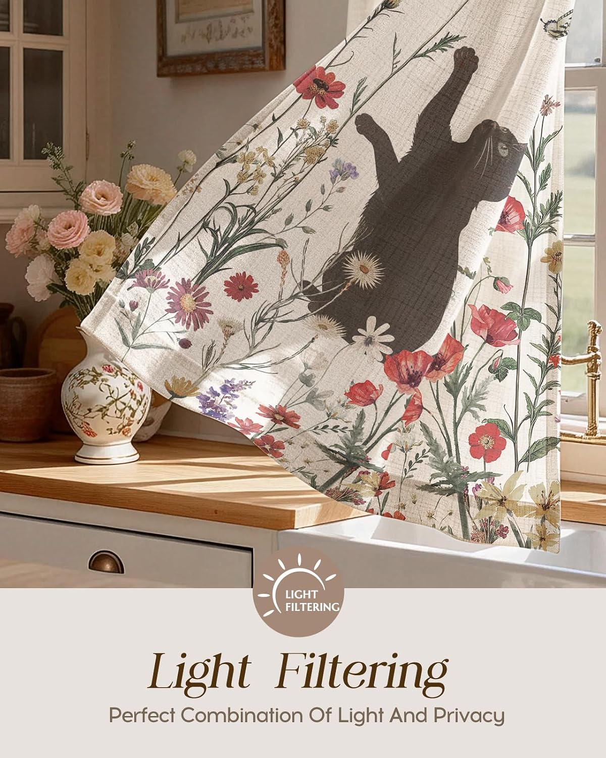 Miss Adola 36 Inch Length Kitchen Tier Curtains, Floral Cat