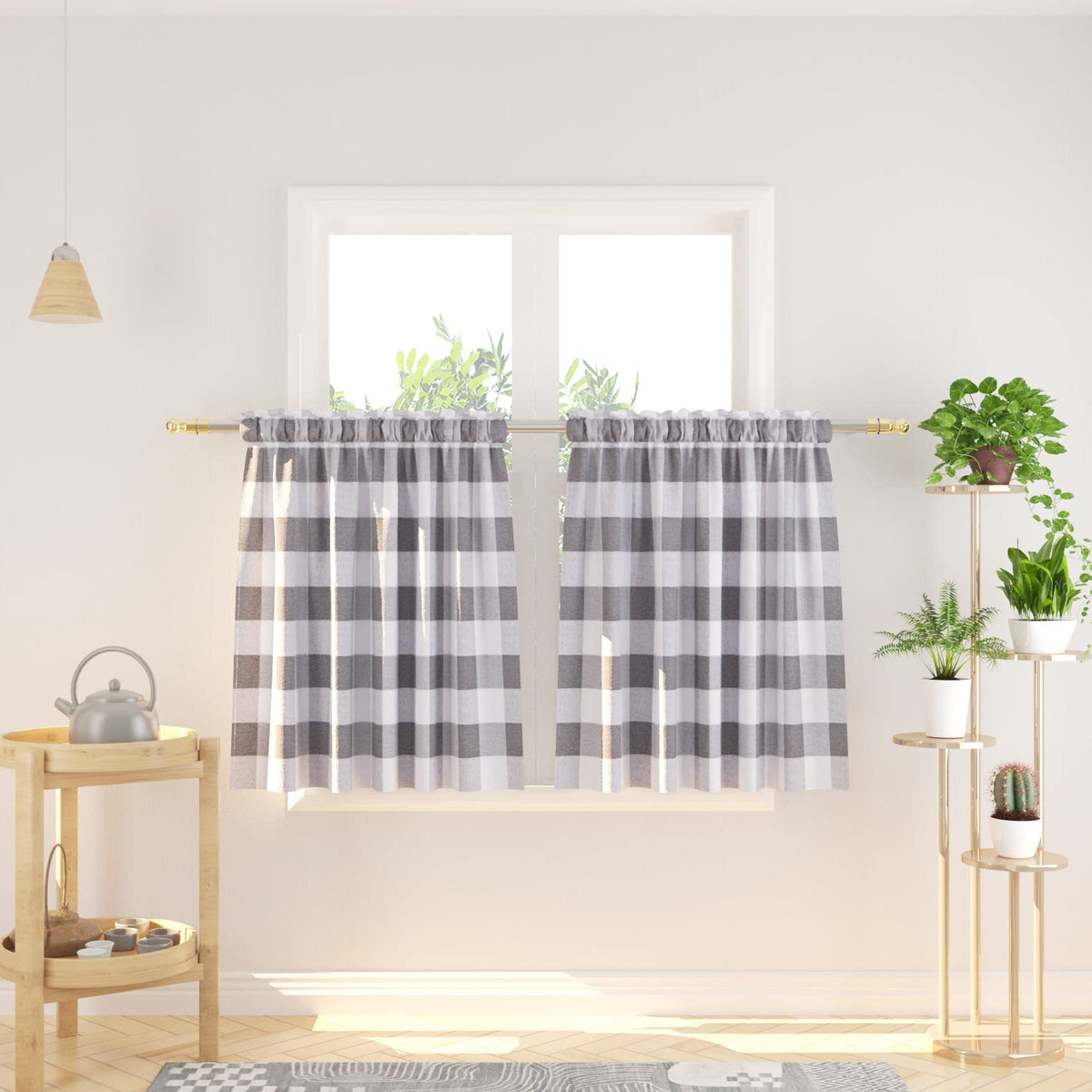 Buffalo Check Kitchen Tier Curtain 24 inches Long Plaid Gingham Rod Pocket Classic Cafe Curtains Country Farmhouse Kitchen Half Window Curtains 2 Panels Beige & White