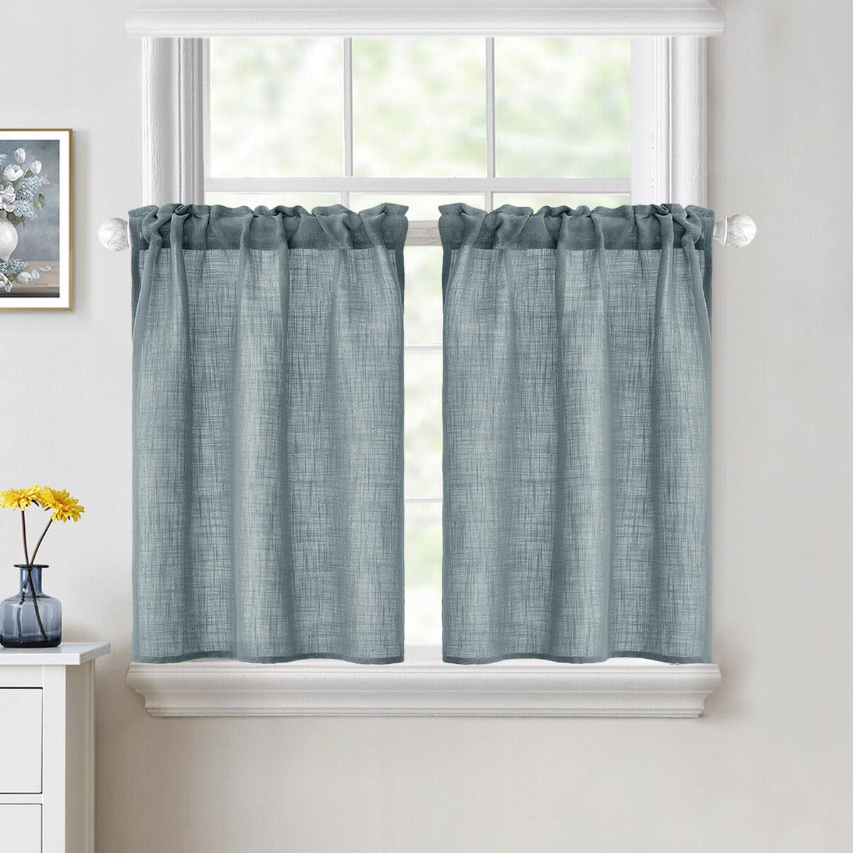 MIULEE Spring Linen Textured Kitchen Window Curtains over Sink 24 Inch Length Semi Sheer Farmhouse Small Curtains for Cafe Bathroom Basement, Short Rod Pocket Tier Curtains 2 Panels W26XL24 Sage Green