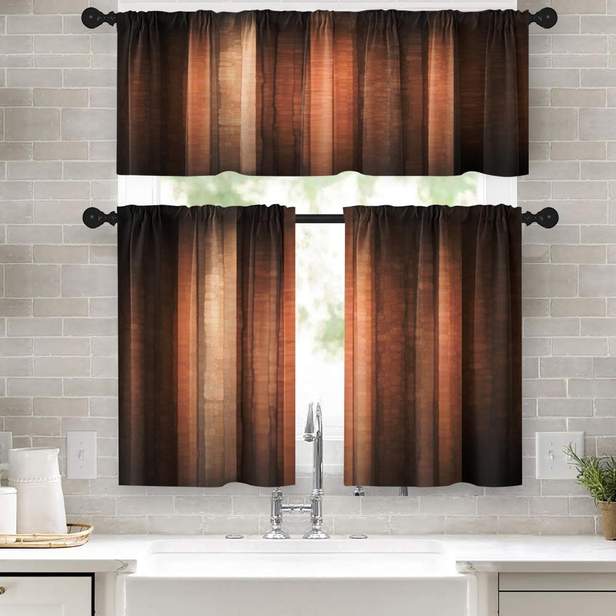 Emvency Kitchen Curtains Sets for Windows 52x36 Inch 3 Pack Farmhouse Wood