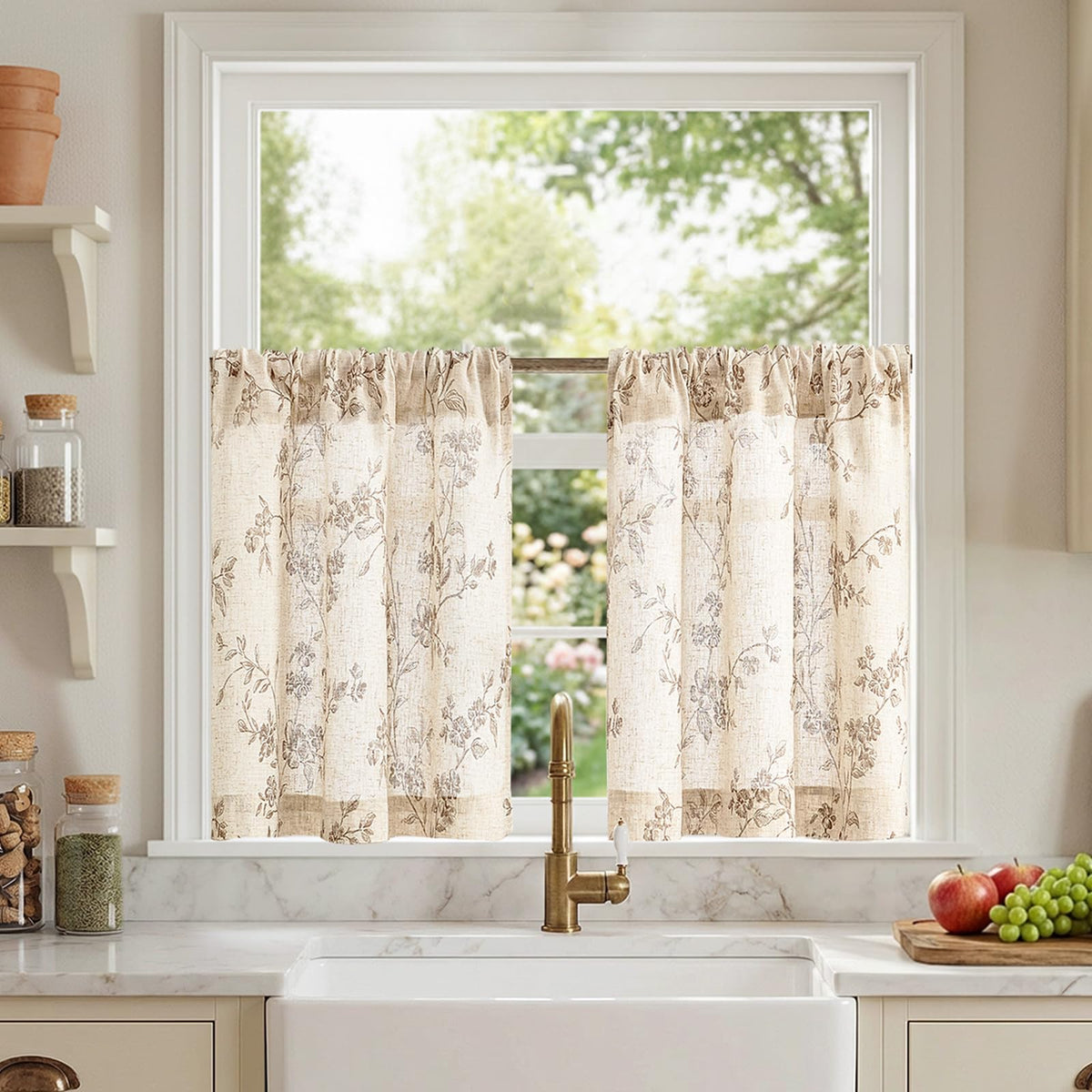Lazzzy Green Vintage Floral Linen Curtains Farmhouse 26W X 36L 2 Panels