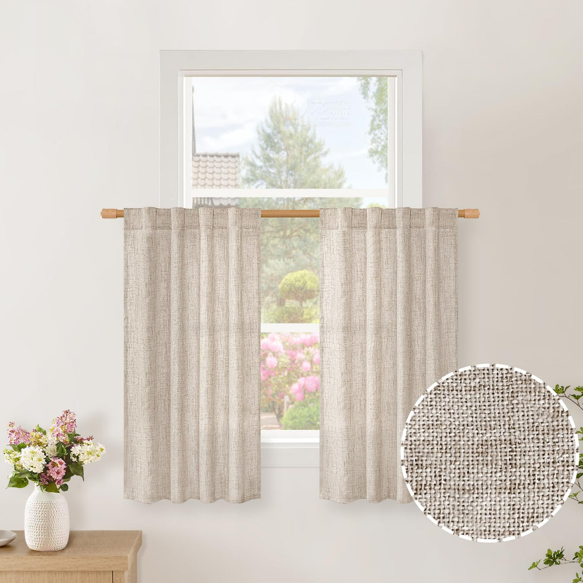 BGment White Linen Kitchen Curtains 40 Inch Length for Short Window