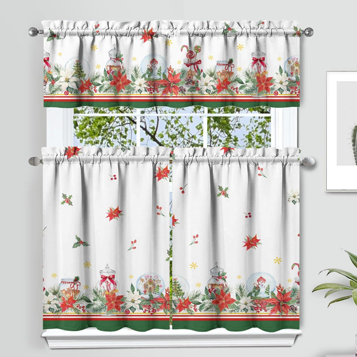 Sage Kitchen Curtain Valance 3 Piece Set, Sage Leaf Floral Kitchen Decor for Home Interior, Farmhouse Style Sink Window Curtains 36 Inch