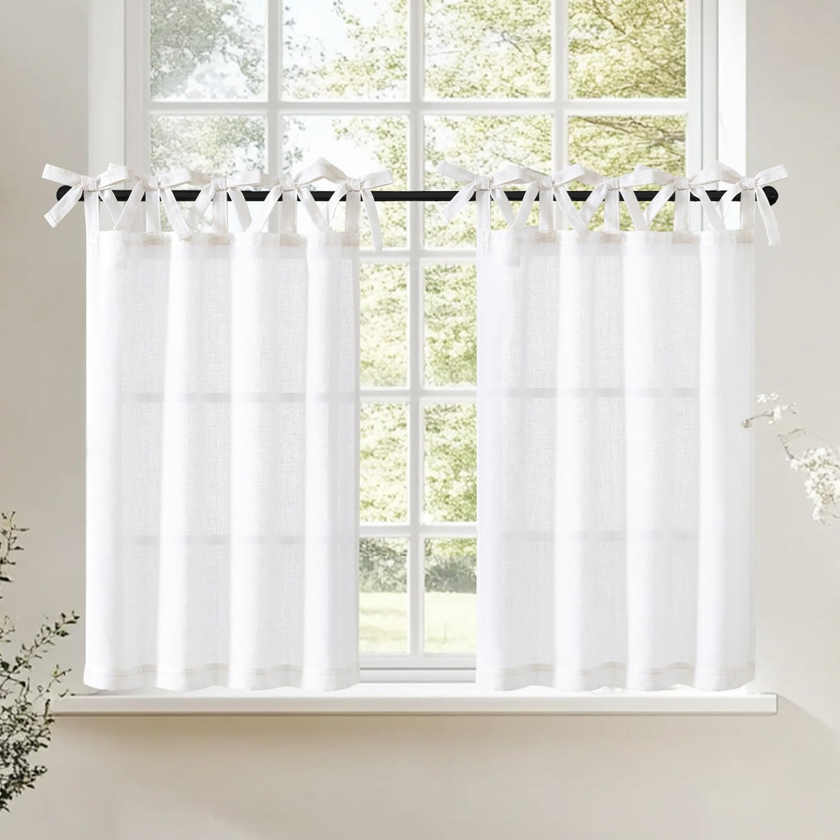 jinchan Solid Linen Kitchen Tier Curtains 24 Inches Tie Top 2 Panles Crude