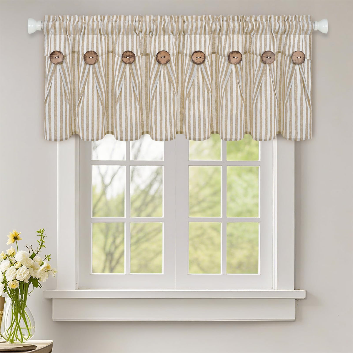 ASPMIZ Cotton Linen Kitchen Valance Curtains, Boho Rustic Button Linen Valances for Windows Farmhouse, Black with Grey Stripe Valance Window Topper Treatment Window Valances for Bathroom, 52 x 18 Inch