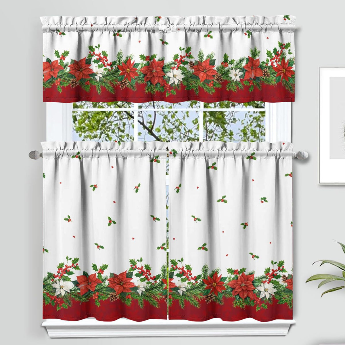Sage Kitchen Curtain Valance 3 Piece Set, Sage Leaf Floral Kitchen Decor for Home Interior, Farmhouse Style Sink Window Curtains 36 Inch
