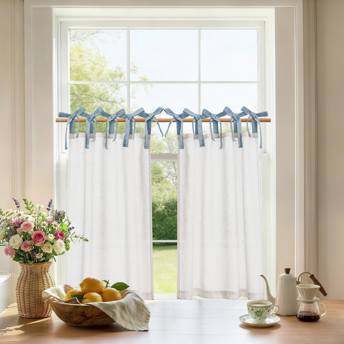 jinchan Solid Linen Kitchen Tier Curtains 24 Inches Tie Top 2 Panles Crude