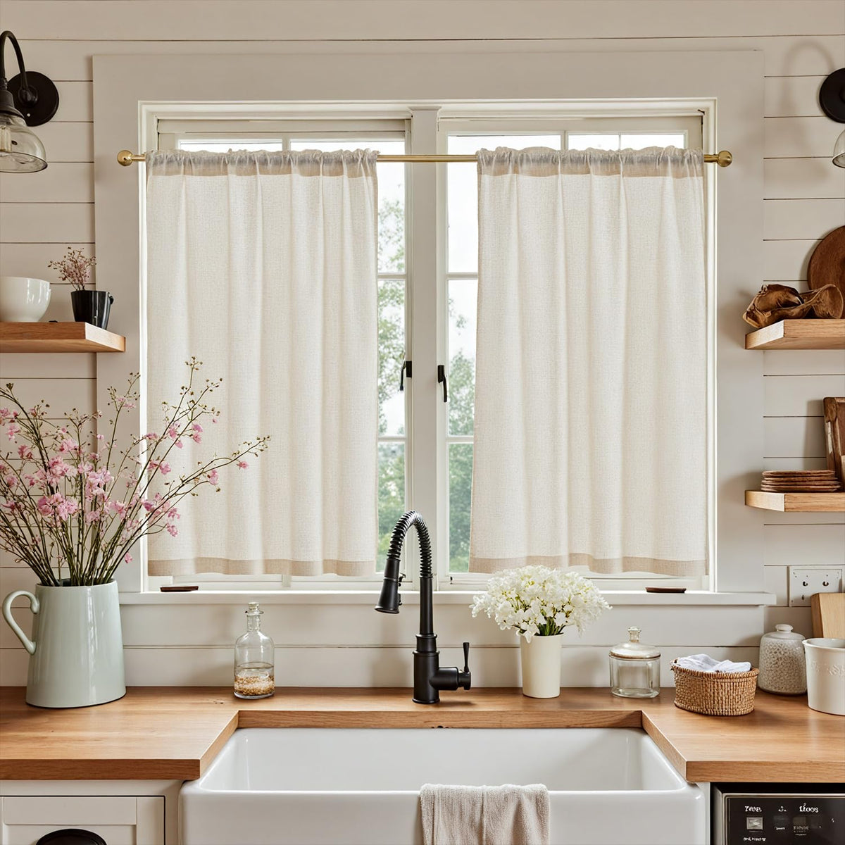 jinchan Linen Striped Tier Curtains for Kitchen Windows Farmhouse