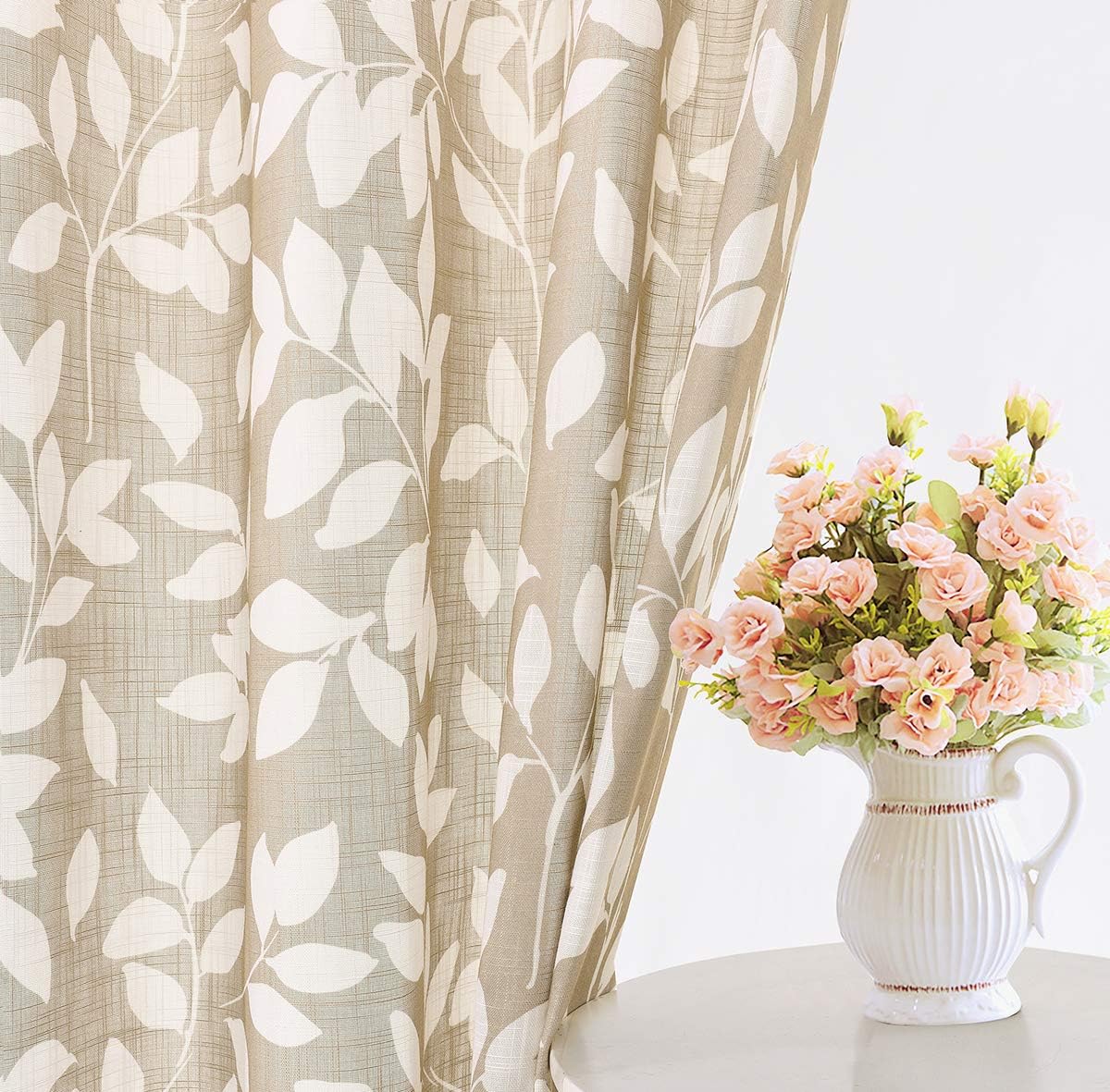 Leaf Kitchen Curtains 36"L Small Tier Window Curtains White Taupe 2pcs