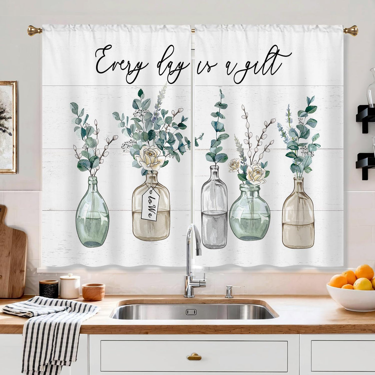 Farmhouse Sunflower Kitchen Curtain Rustic Small Short Cafe Window Curtains Country Wooden Barn Inspirational Bathroom Window Drapes Treatment Tier Curtains 2 Panels (27.5x39 Inch)