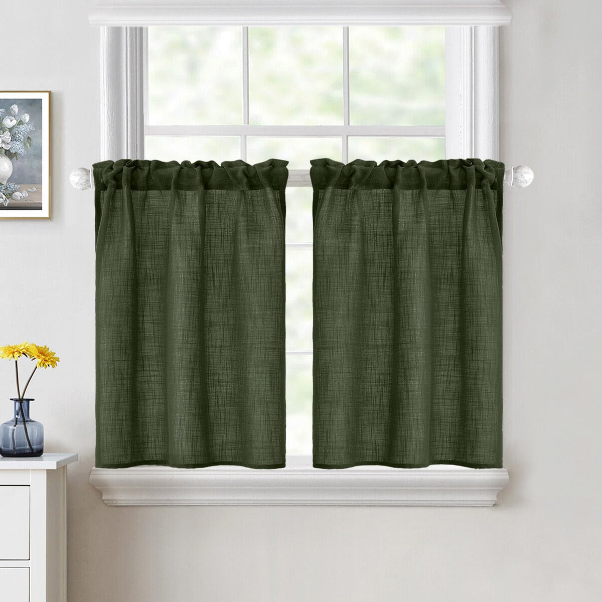 MIULEE Spring Linen Textured Kitchen Window Curtains over Sink 24 Inch Length Semi Sheer Farmhouse Small Curtains for Cafe Bathroom Basement, Short Rod Pocket Tier Curtains 2 Panels W26XL24 Sage Green