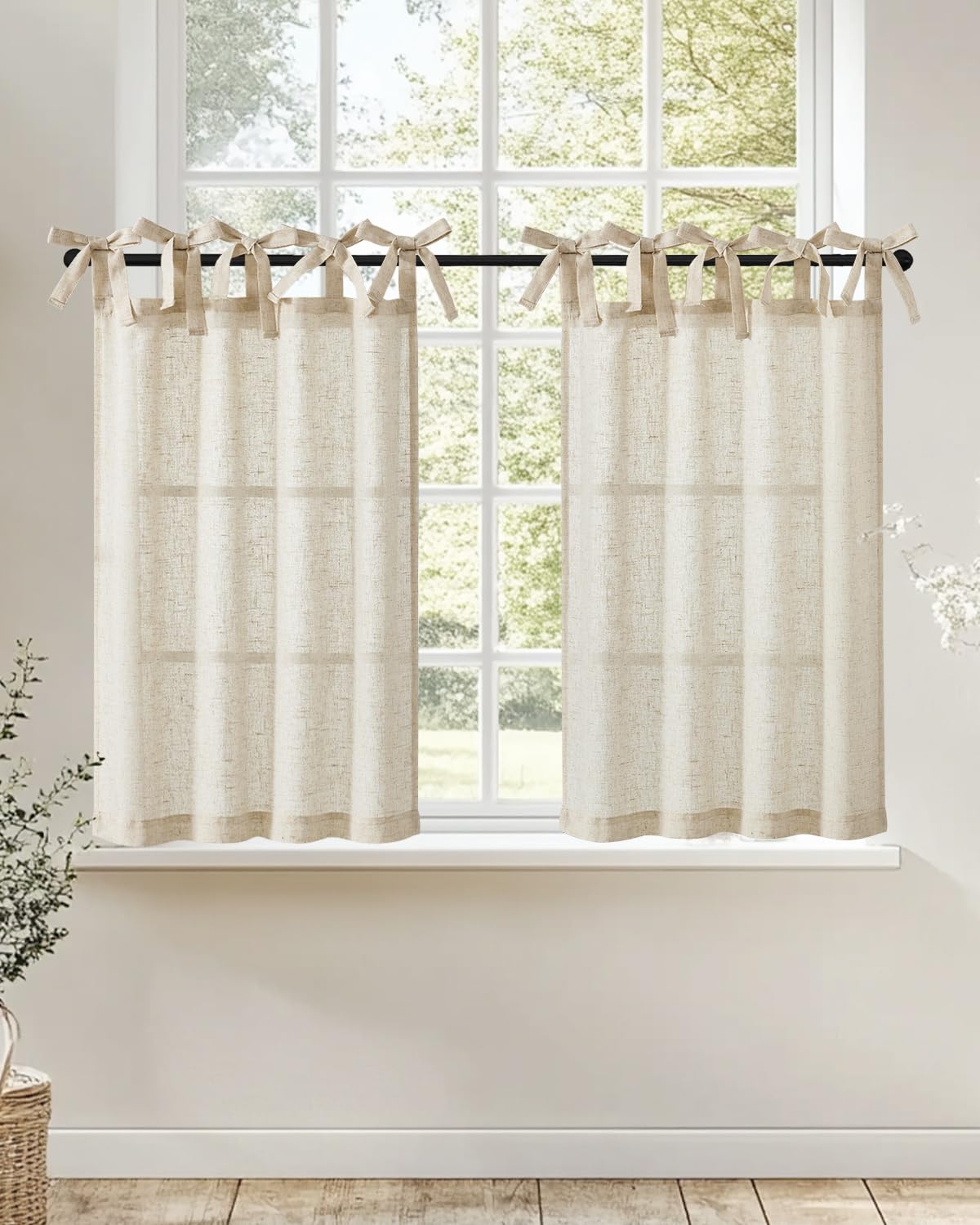 jinchan Solid Linen Kitchen Tier Curtains 24 Inches Tie Top 2 Panles Crude