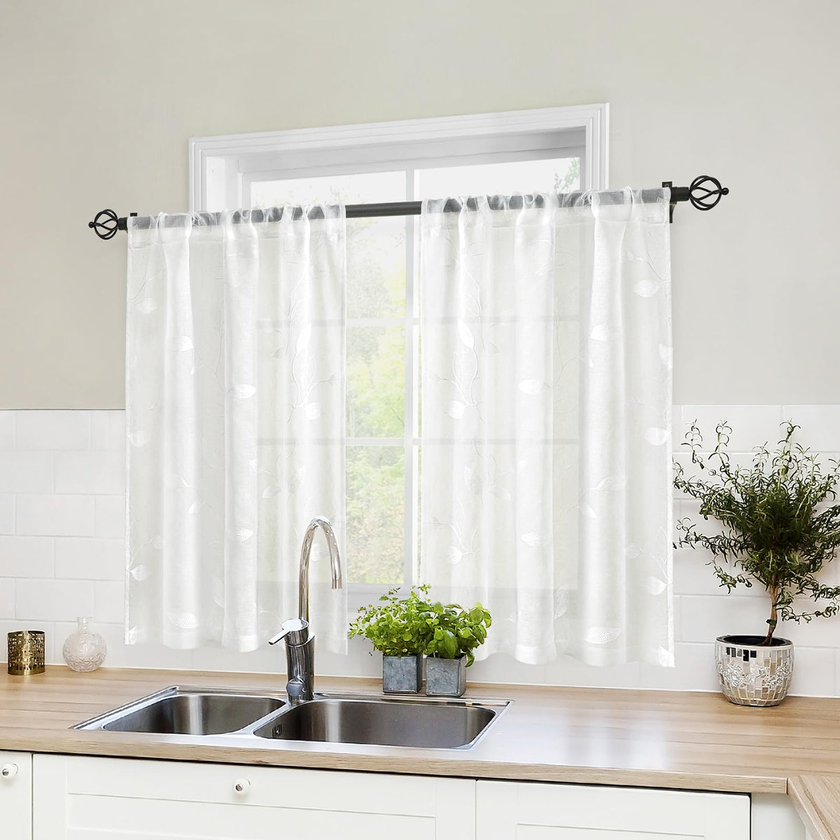 HOMEIDEAS Sage Green Kitchen Tier Curtains Leaf Embroidered, 30x36, 2 Panel