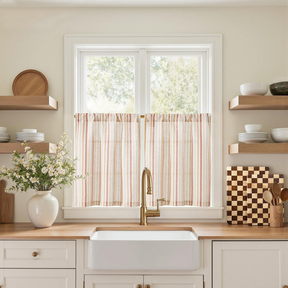 jinchan Striped Linen Kitchen Tier Curtains, 30 Inch, Sage Green, 2 Panels
