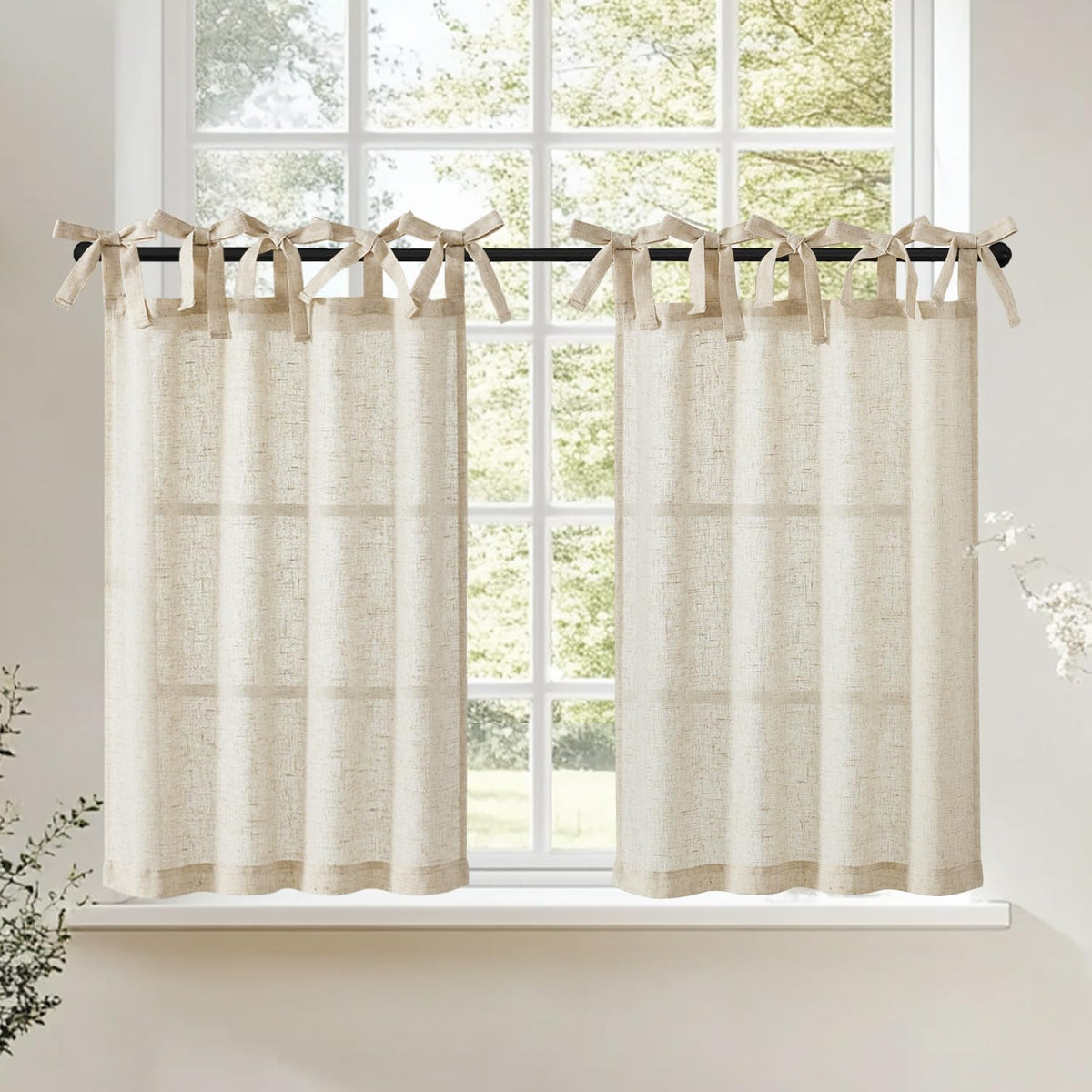 jinchan Solid Linen Kitchen Tier Curtains 24 Inches Tie Top 2 Panles Crude