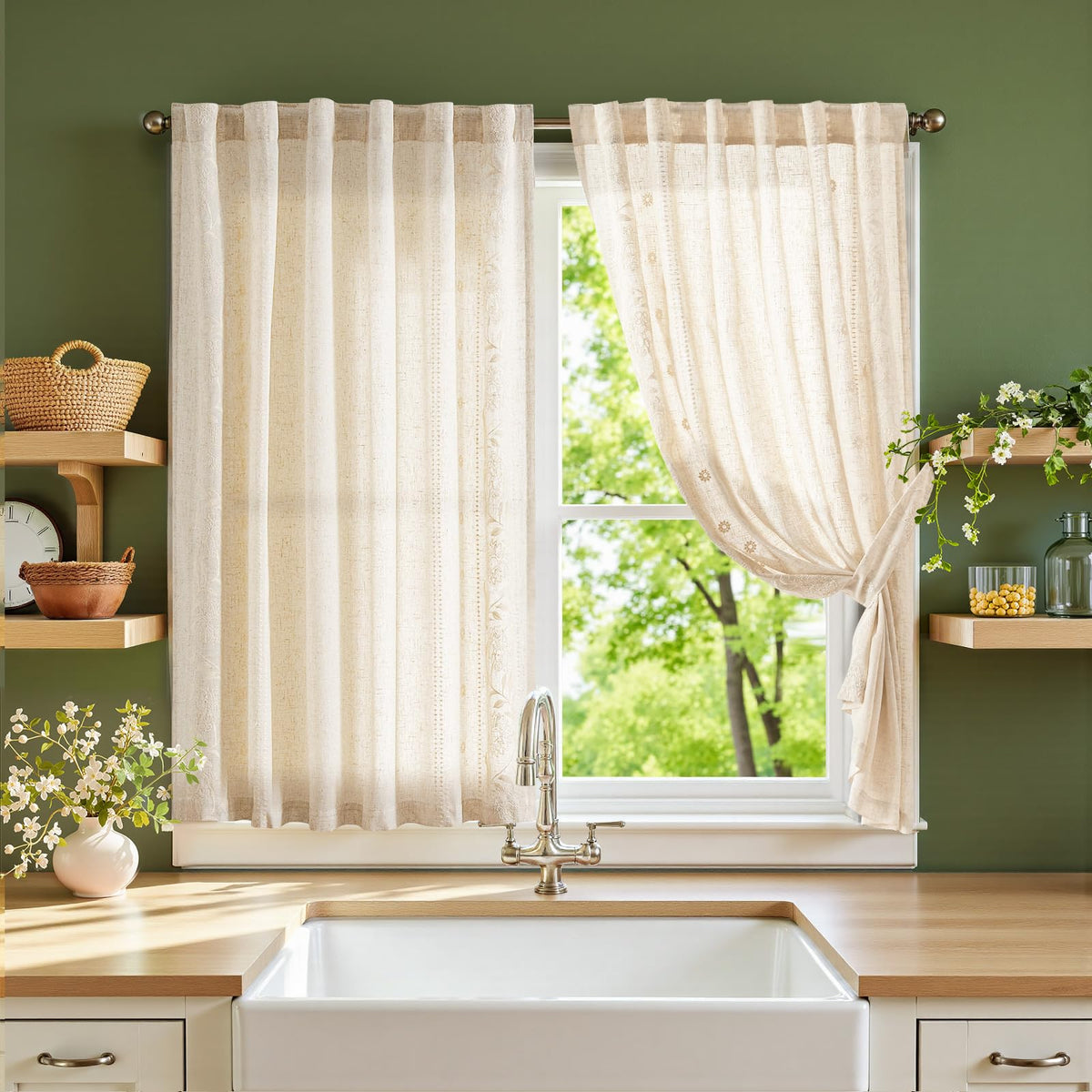 jinchan Sage Floral Linen Kitchen Tier Curtains Back Tab 54×45 2 Panels