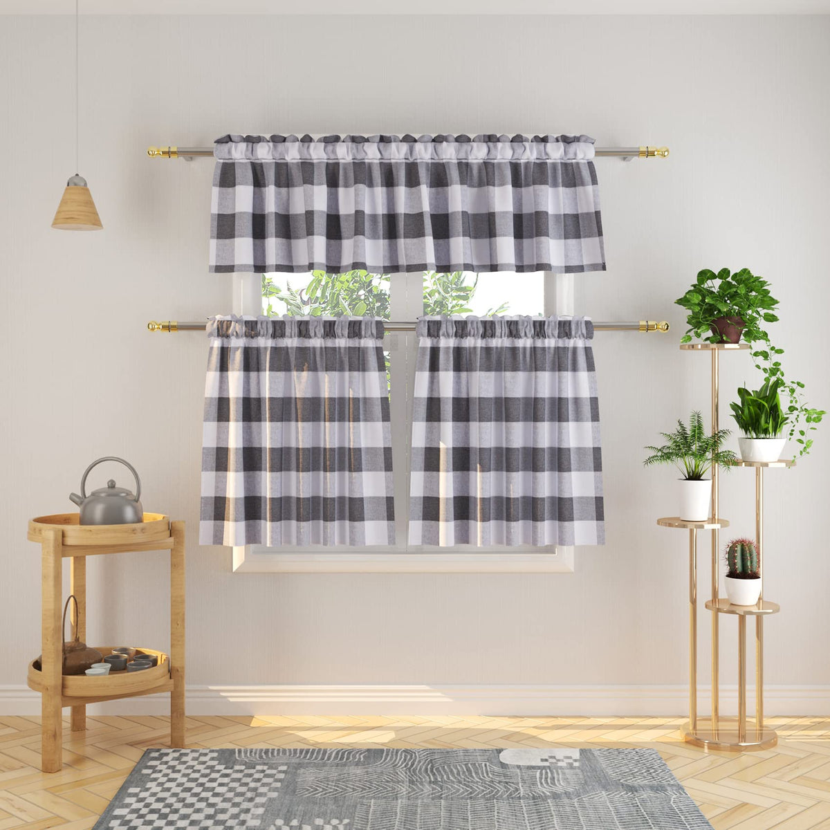 3 Pieces Tier Curtains and Valance Set Buffalo Check Kitchen Tiers Plaid Gingham Rod Pocket Classic Short Small Cafe Curtains Country Farmhouse Cafe Bathroom 54"x18"/27"x24" Brown & White