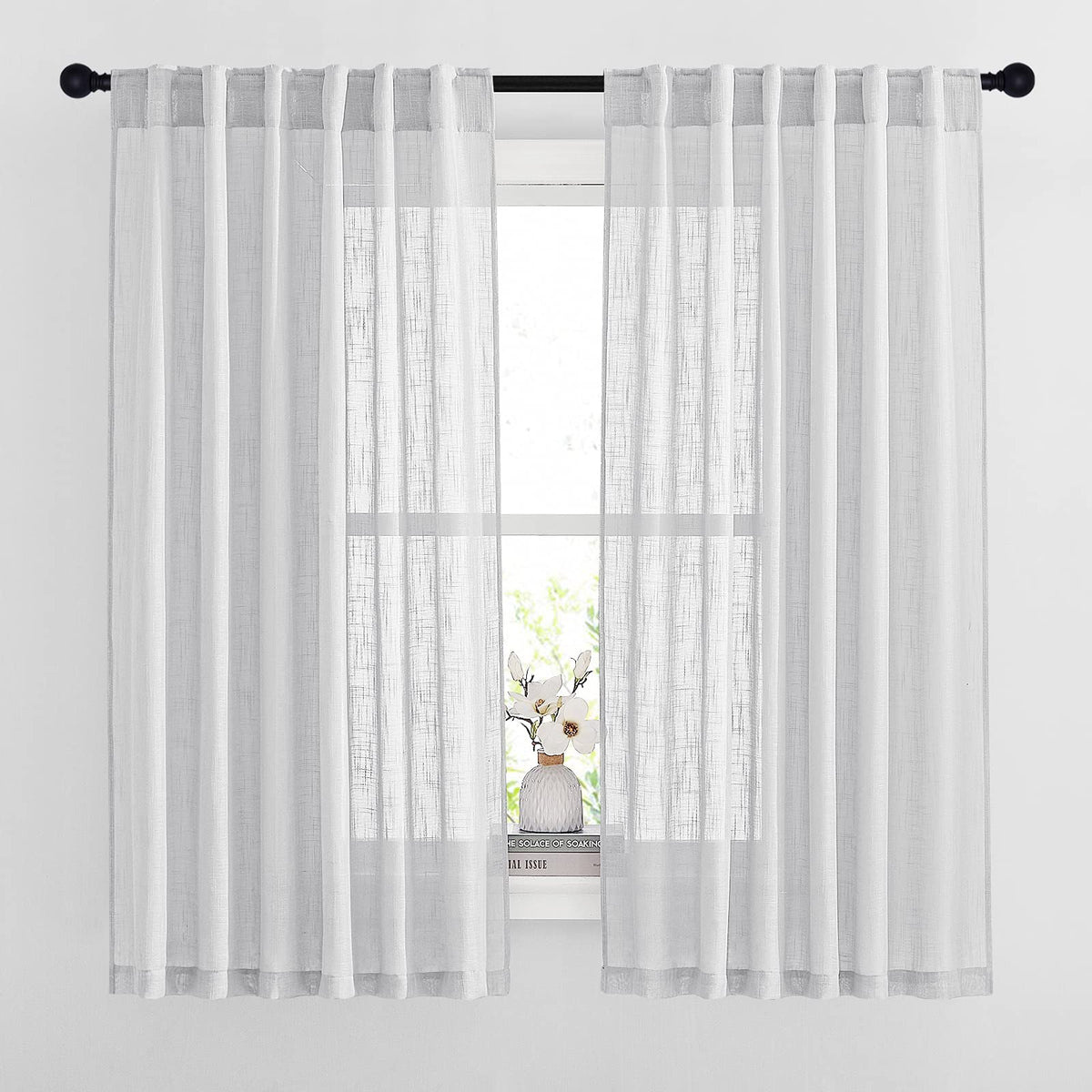 NICETOWN Natural Linen Kitchen Curtains 26 inches Long, Rod Pocket & Back Tab Semi Sheer Flax Window Treatments Rustic & Cute for Cafe/Kids Room, W37 x L26, 2 Panels