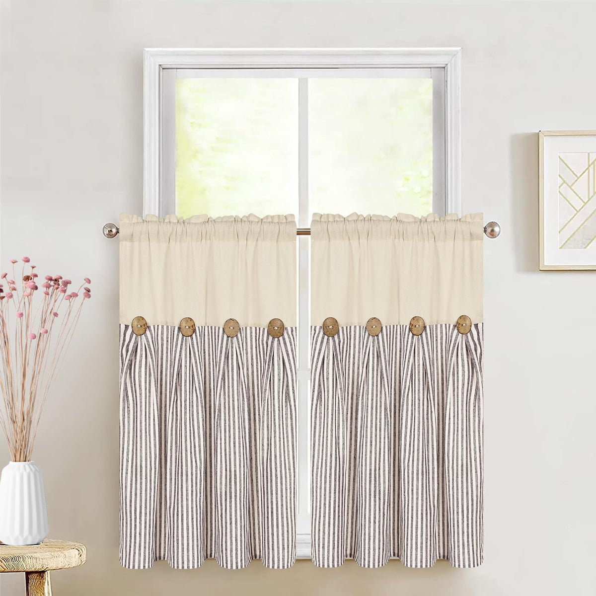 ASPMIZ Cotton Linen Kitchen Valance Curtains, Boho Rustic Button Linen Valances for Windows Farmhouse, Black with Grey Stripe Valance Window Topper Treatment Window Valances for Bathroom, 52 x 18 Inch