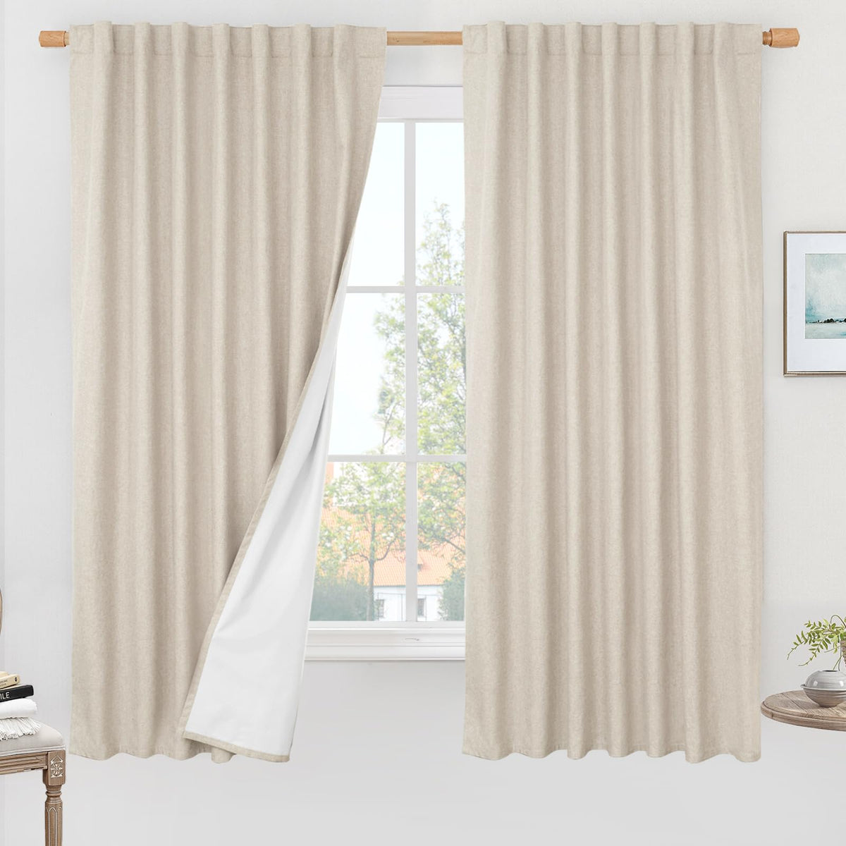 LAMIT Full Blackout Linen Kitchen Window Curtains 36 Inches Long, Ivory