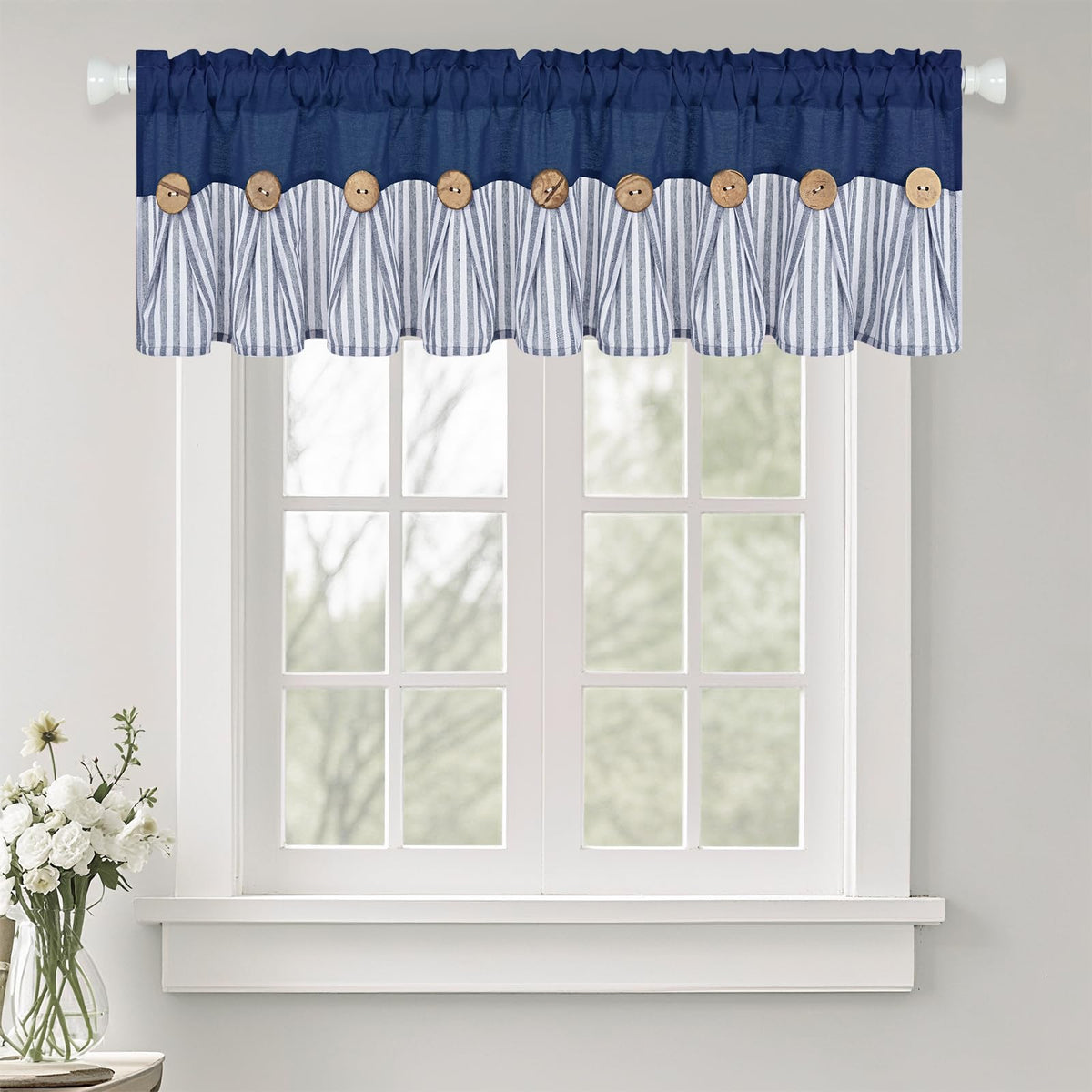 ASPMIZ Cotton Linen Kitchen Valance Curtains, Boho Rustic Button Linen Valances for Windows Farmhouse, Black with Grey Stripe Valance Window Topper Treatment Window Valances for Bathroom, 52 x 18 Inch