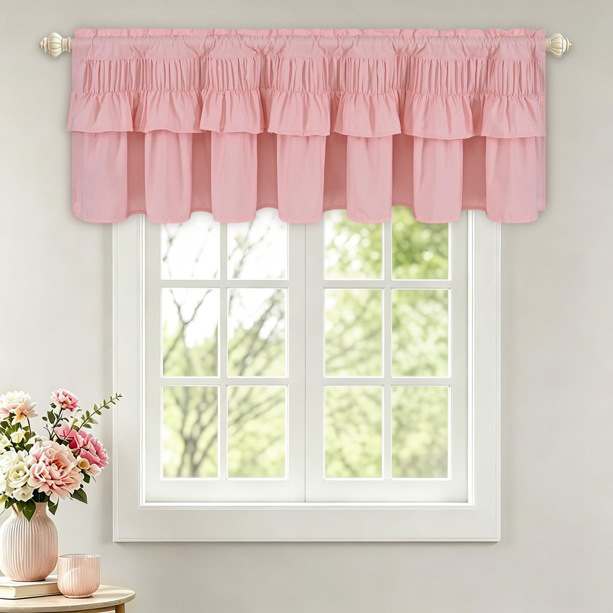 Yinhua Pink Kitchen Curtains 36 Inch Length Ruffle Blackout Cafe Curtains, Farmhouse Rustic Kitchen Window Curtain Rod Pocket Short Tier Curtain for Windows, 26" W x 36" L, 2 Panels