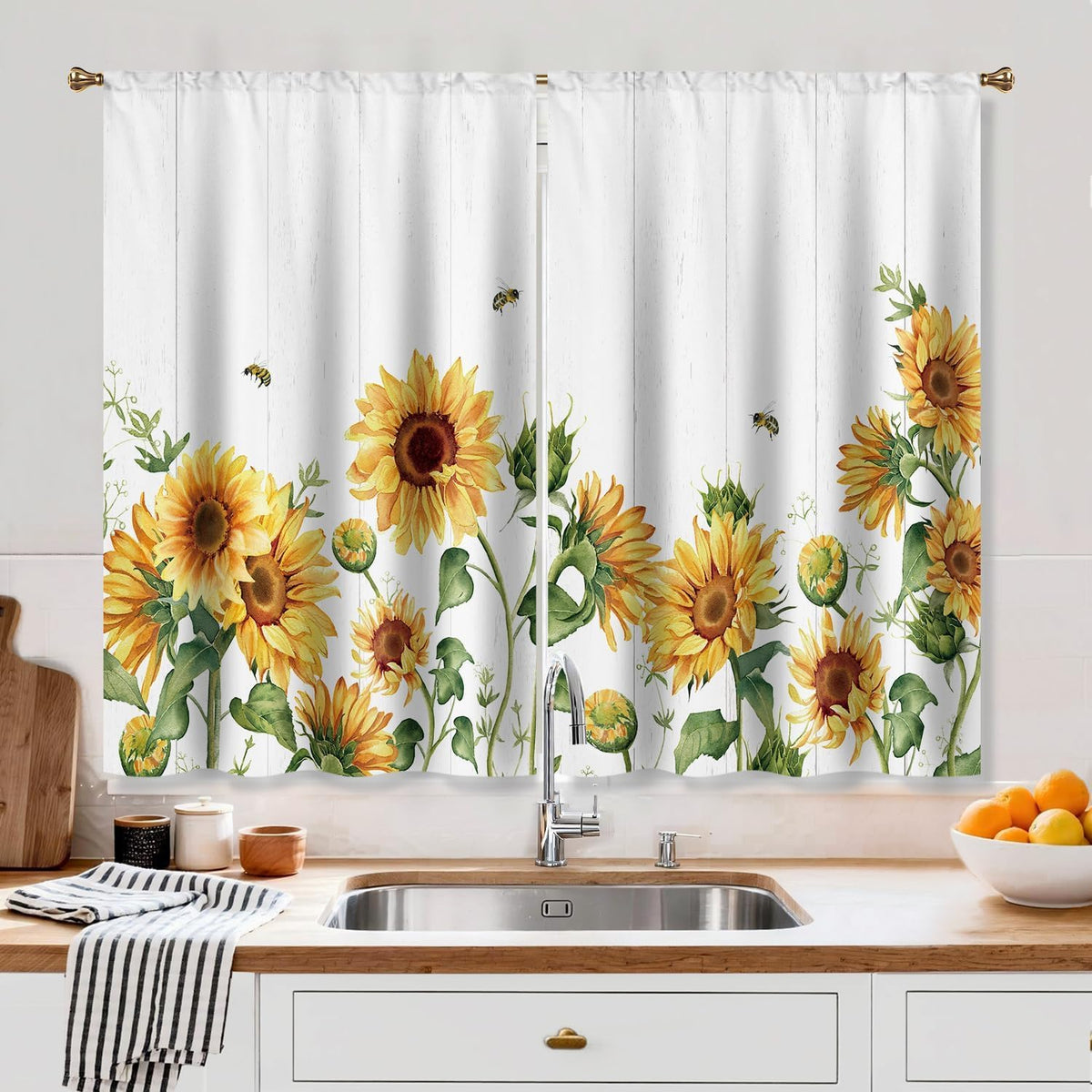 Farmhouse Sunflower Kitchen Curtain Rustic Small Short Cafe Window Curtains Country Wooden Barn Inspirational Bathroom Window Drapes Treatment Tier Curtains 2 Panels (27.5x39 Inch)