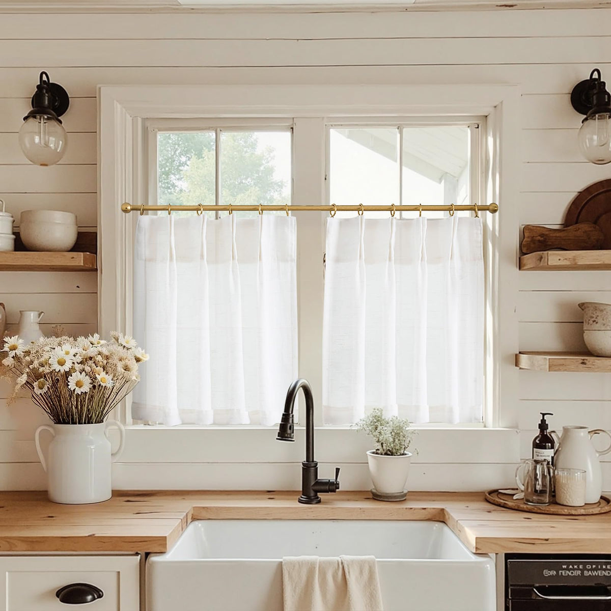 jinchan Linen Pinch Pleated Back Tab Tier Curtains, 26x24, Natural