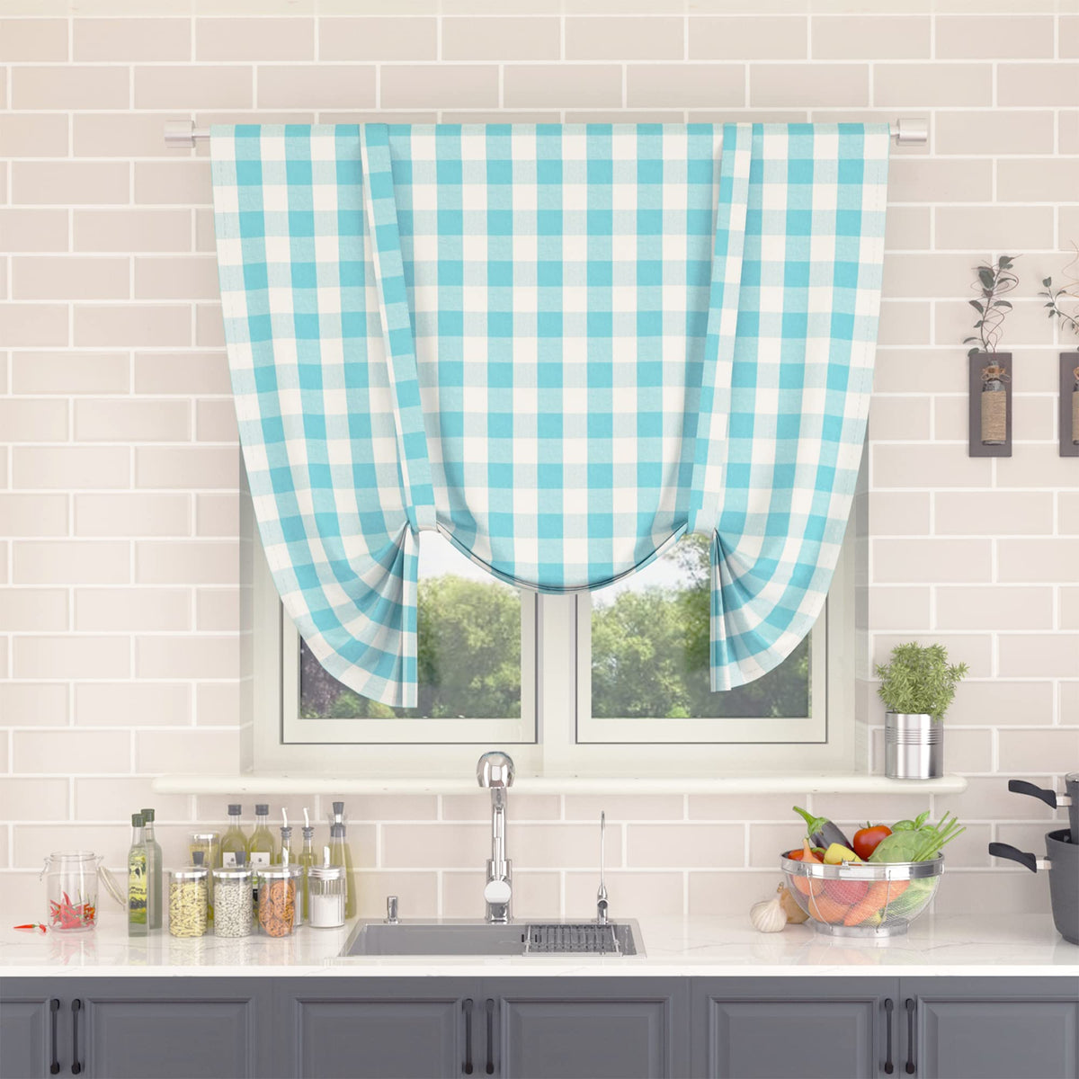 Buffalo Check Kitchen Tier Curtain 24 inches Long Plaid Gingham Rod Pocket Classic Cafe Curtains Country Farmhouse Kitchen Half Window Curtains 2 Panels Beige & White