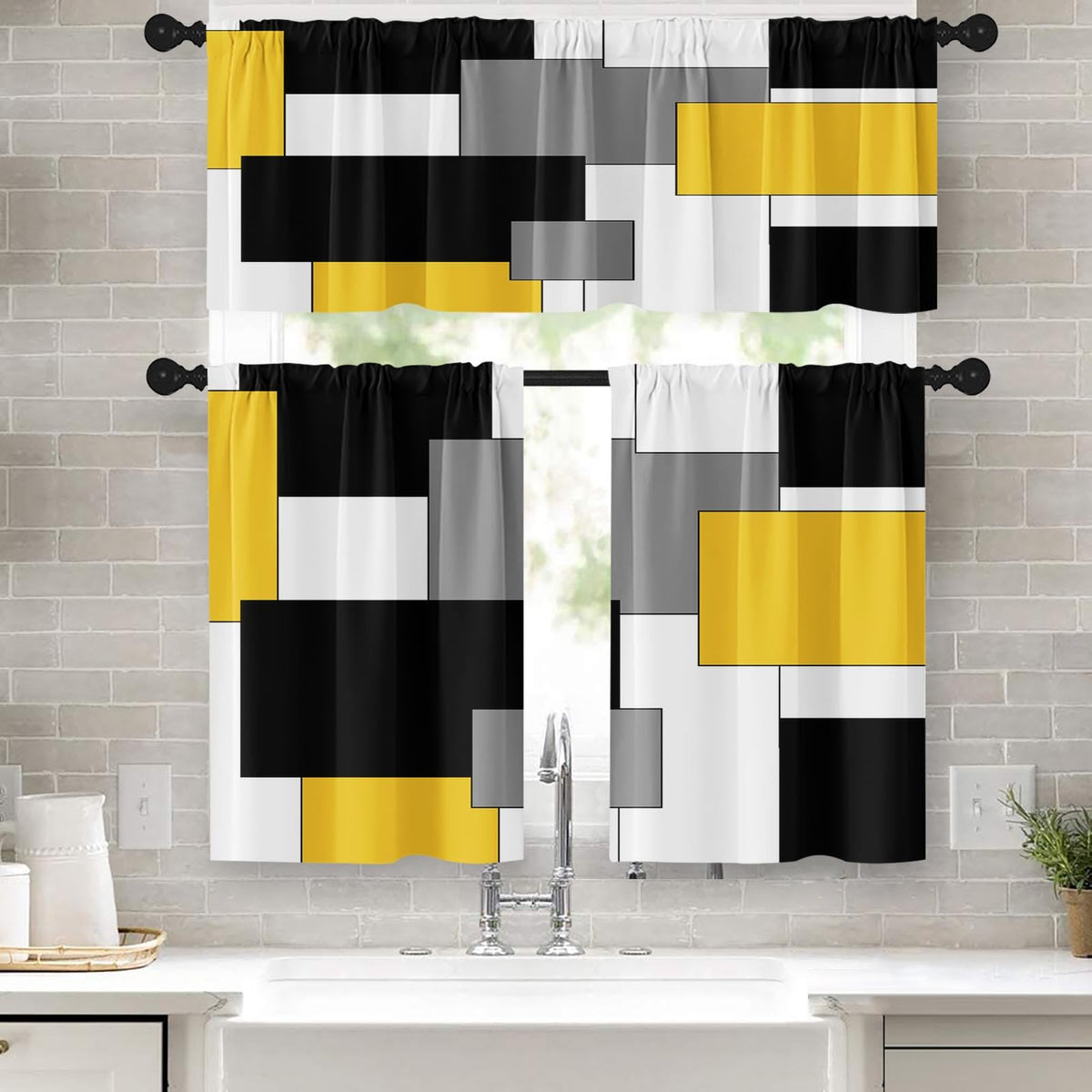 Kitchen Curtains Sets for Windows 52x36 Inch 3 Pack, Geometric