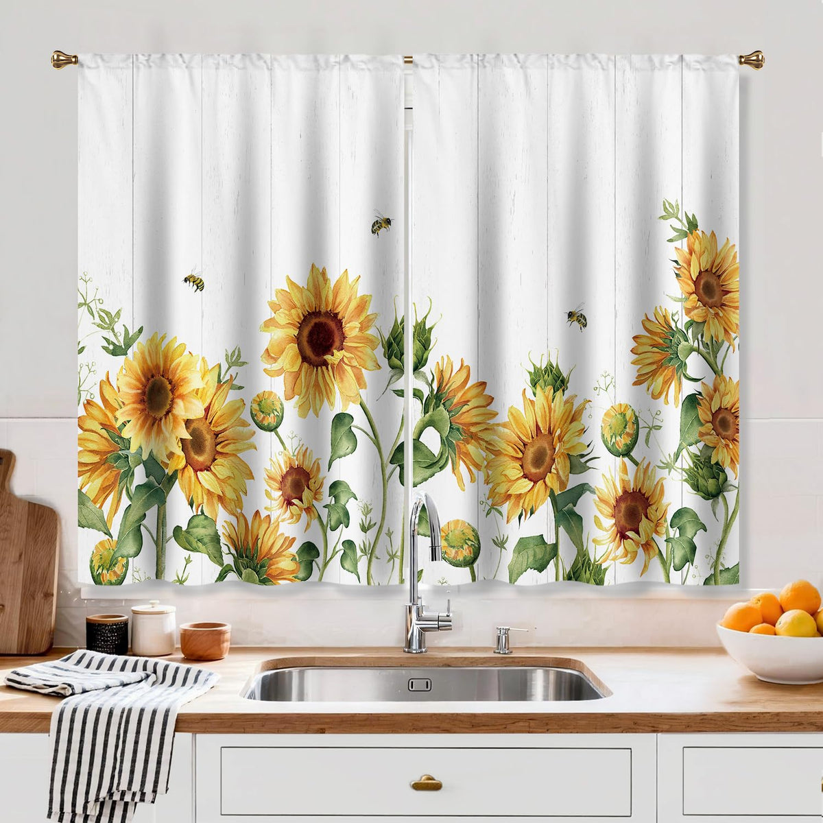Farmhouse Sunflower Kitchen Curtain Rustic Small Short Cafe Window Curtains Country Wooden Barn Inspirational Bathroom Window Drapes Treatment Tier Curtains 2 Panels (27.5x39 Inch)