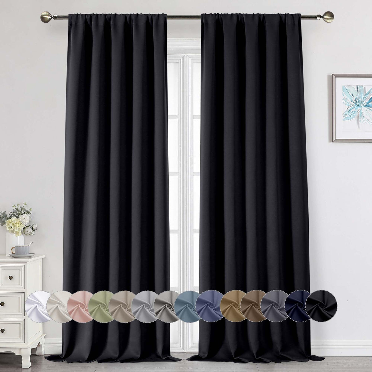 Black Cafe Blackout Curtains 36 Inch Length 2 Panels Set, Soft Solid Thermal Insulated Room Darkening Small Window Curtains for Kitchen Bathroom Basement, Black, Each, 40" Wx36 L