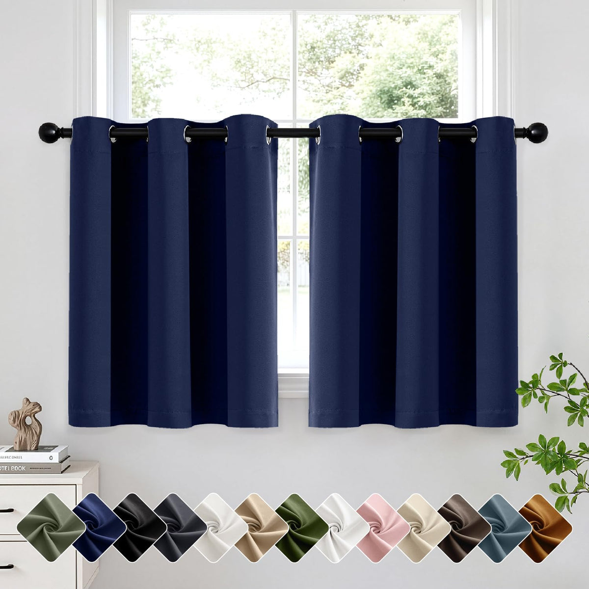 Short Navy Blue Blackout Kitchen Curtain W40 x L45 Inch 2 Panels