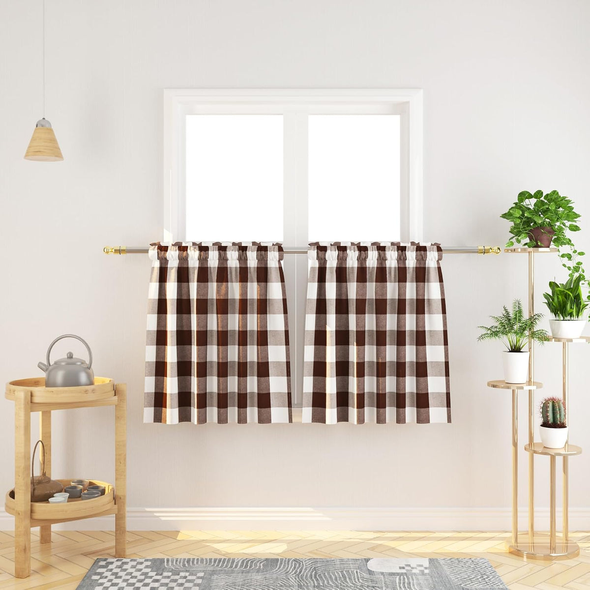 3 Pieces Tier Curtains and Valance Set Buffalo Check Kitchen Tiers Plaid Gingham Rod Pocket Classic Short Small Cafe Curtains Country Farmhouse Cafe Bathroom 54"x18"/27"x24" Brown & White