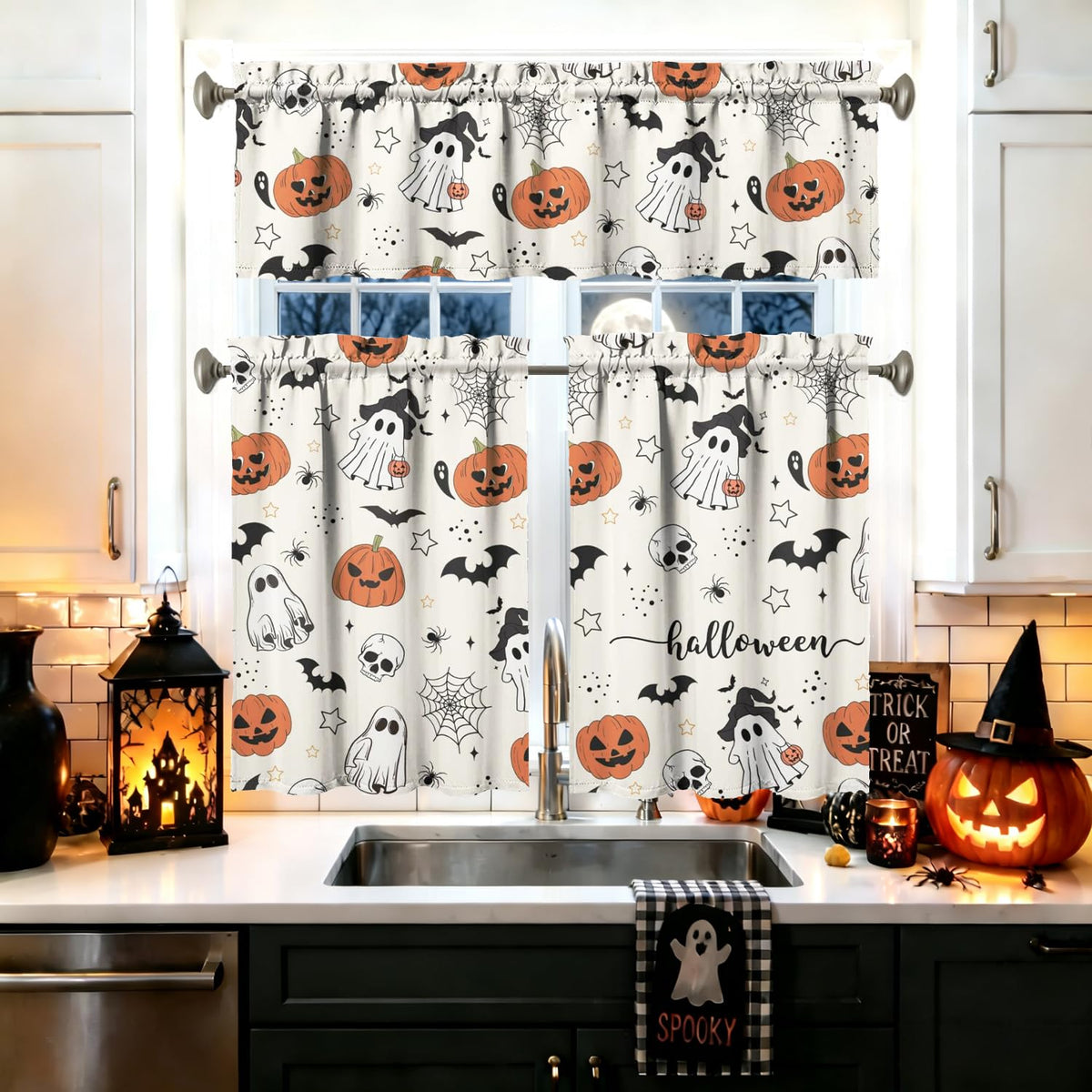 Sage Kitchen Curtain Valance 3 Piece Set, Sage Leaf Floral Kitchen Decor for Home Interior, Farmhouse Style Sink Window Curtains 36 Inch