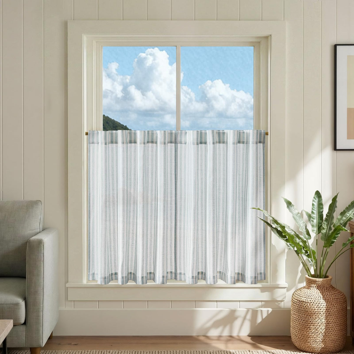 jinchan Striped Linen Kitchen Tier Curtains, 30 Inch, Sage Green, 2 Panels