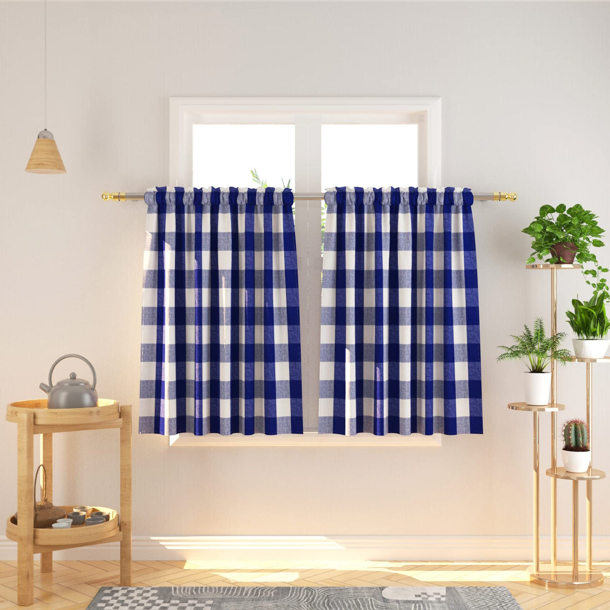 Buffalo Check Kitchen Tier Curtain 24 inches Long Plaid Gingham Rod Pocket Classic Cafe Curtains Country Farmhouse Kitchen Half Window Curtains 2 Panels Beige & White