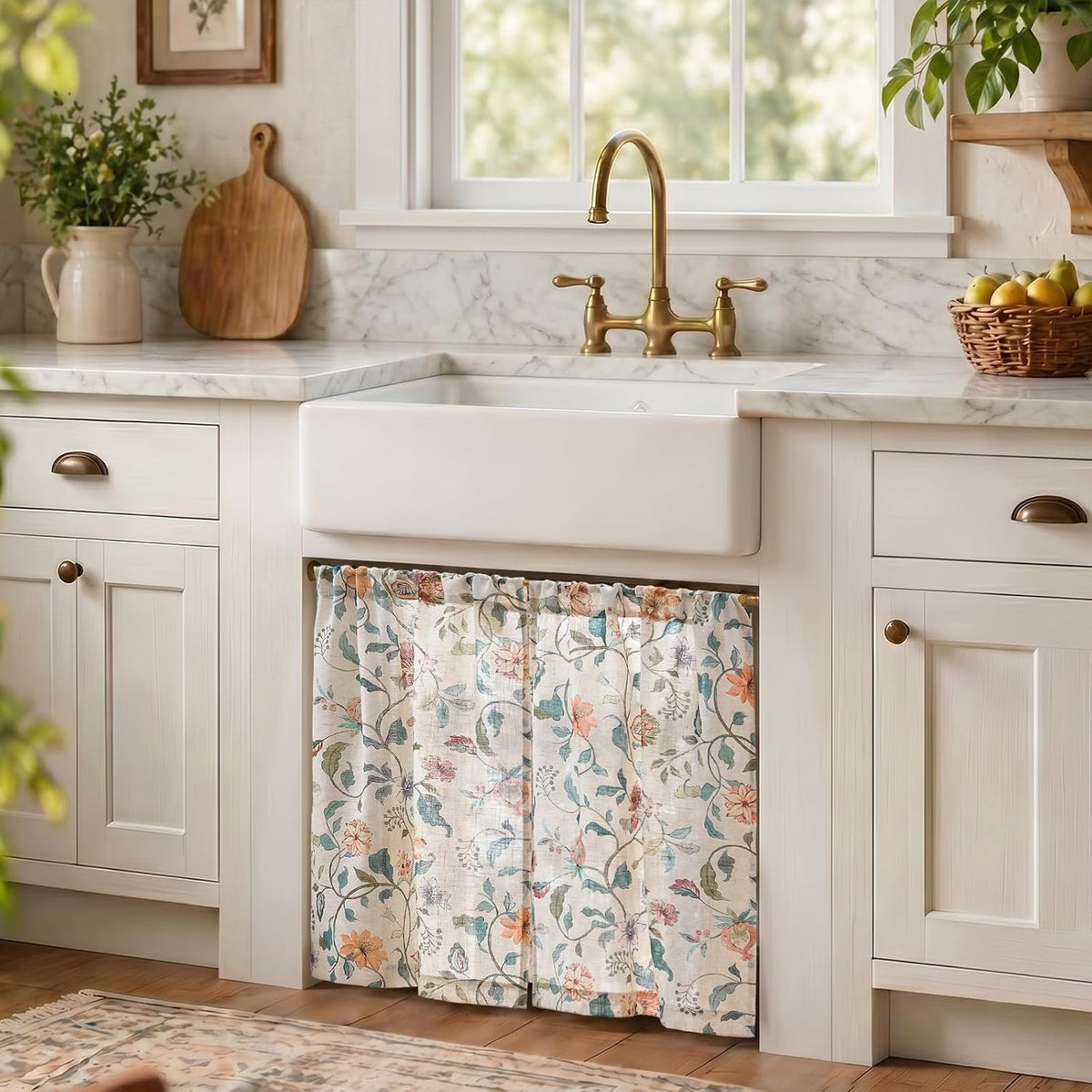 jinchan Hattie Floral Linen Kitchen Tier Curtains Beige 36 in 2 Panels