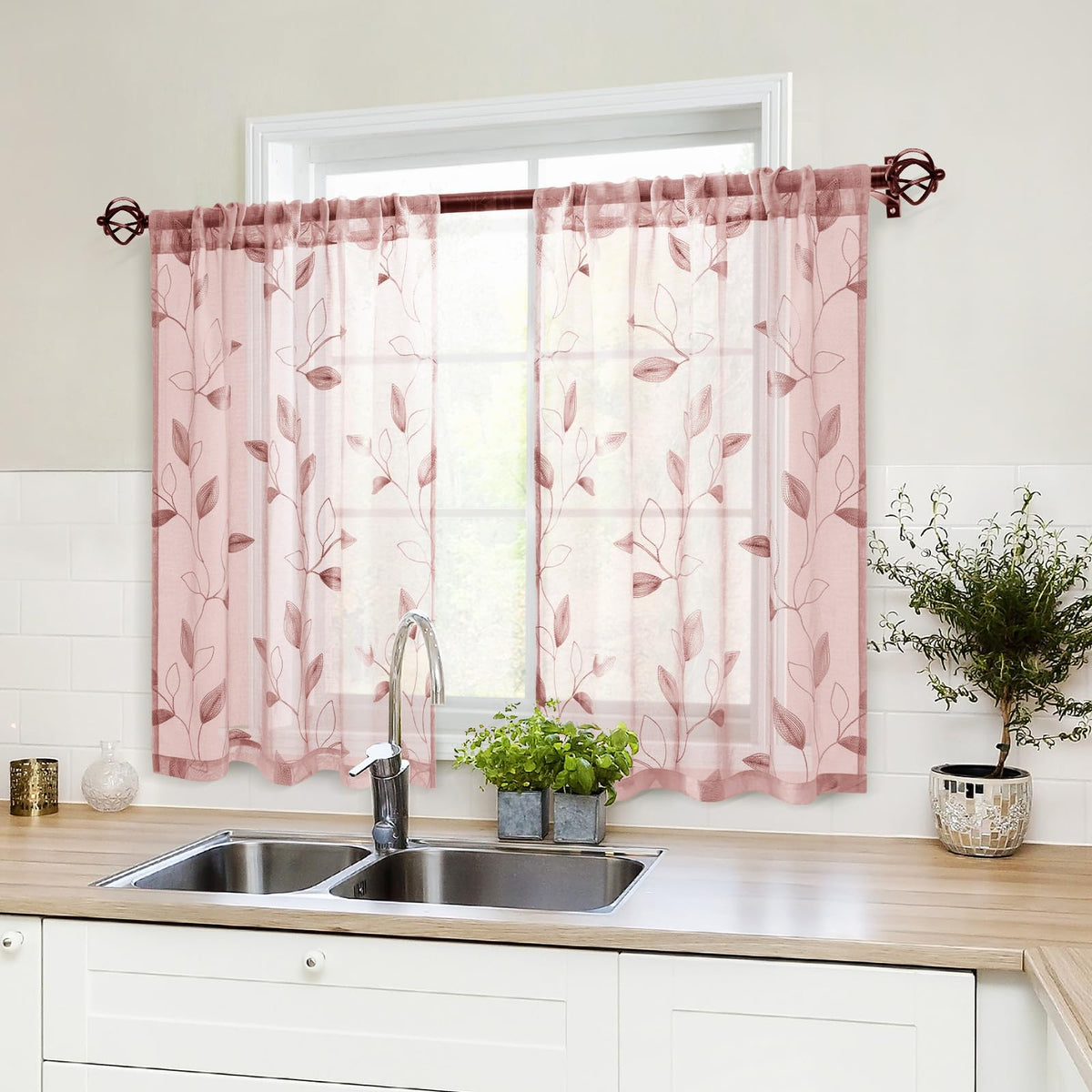 HOMEIDEAS Sage Green Kitchen Tier Curtains Leaf Embroidered, 30x36, 2 Panel