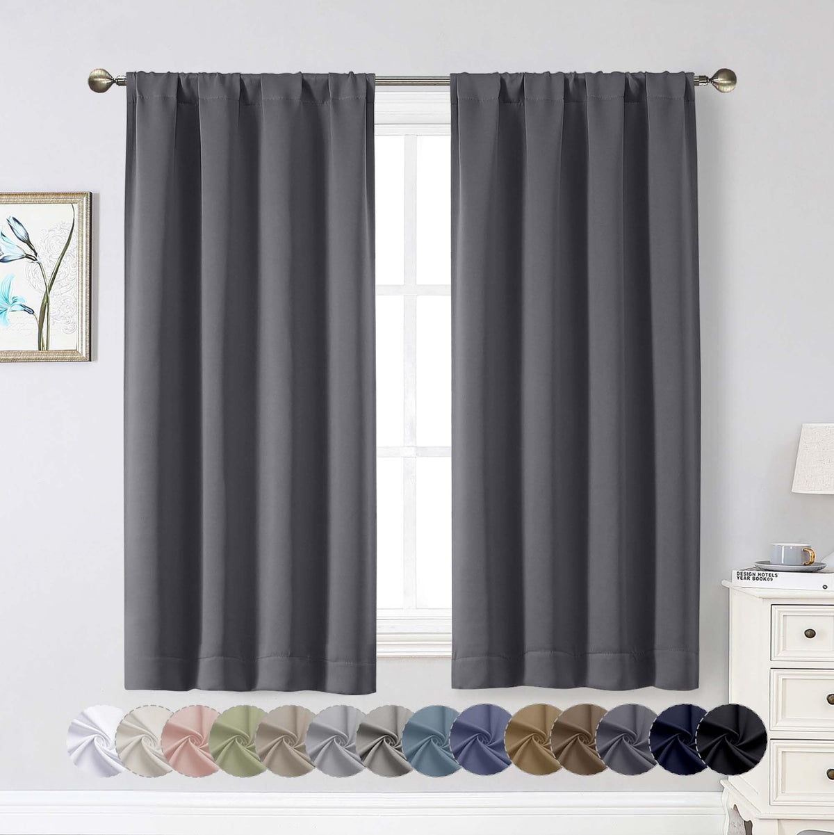 Black Cafe Blackout Curtains 36 Inch Length 2 Panels Set, Soft Solid Thermal Insulated Room Darkening Small Window Curtains for Kitchen Bathroom Basement, Black, Each, 40" Wx36 L