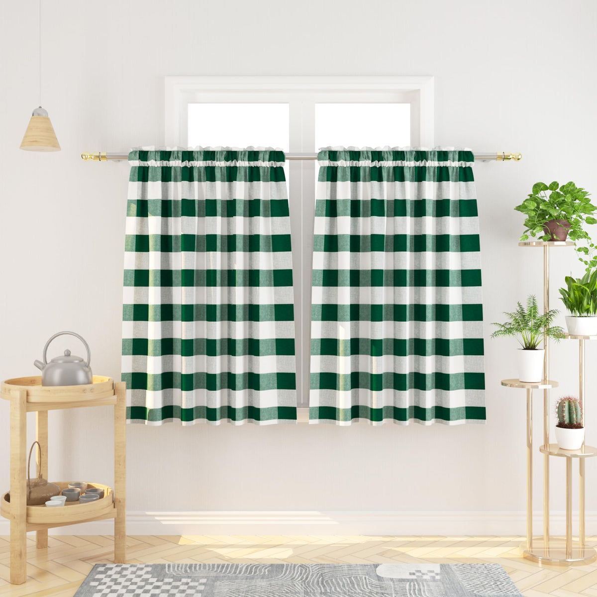 Buffalo Check Kitchen Tier Curtain 24 inches Long Plaid Gingham Rod Pocket Classic Cafe Curtains Country Farmhouse Kitchen Half Window Curtains 2 Panels Beige & White