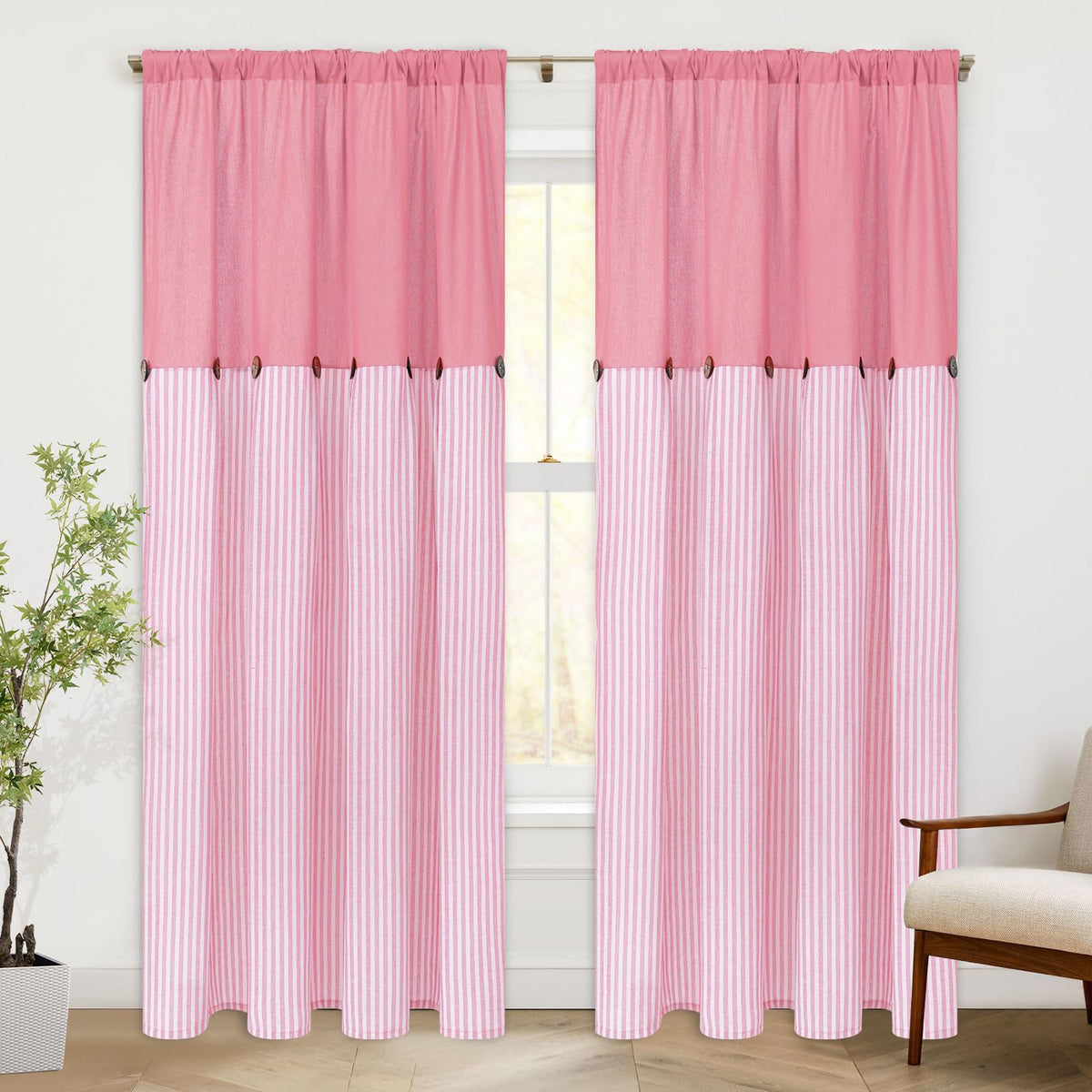 ASPMIZ Cotton Linen Kitchen Valance Curtains, Boho Rustic Button Linen Valances for Windows Farmhouse, Black with Grey Stripe Valance Window Topper Treatment Window Valances for Bathroom, 52 x 18 Inch