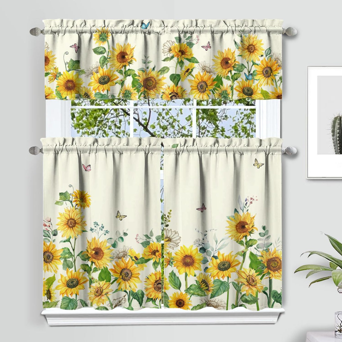 Sage Kitchen Curtain Valance 3 Piece Set, Sage Leaf Floral Kitchen Decor for Home Interior, Farmhouse Style Sink Window Curtains 36 Inch