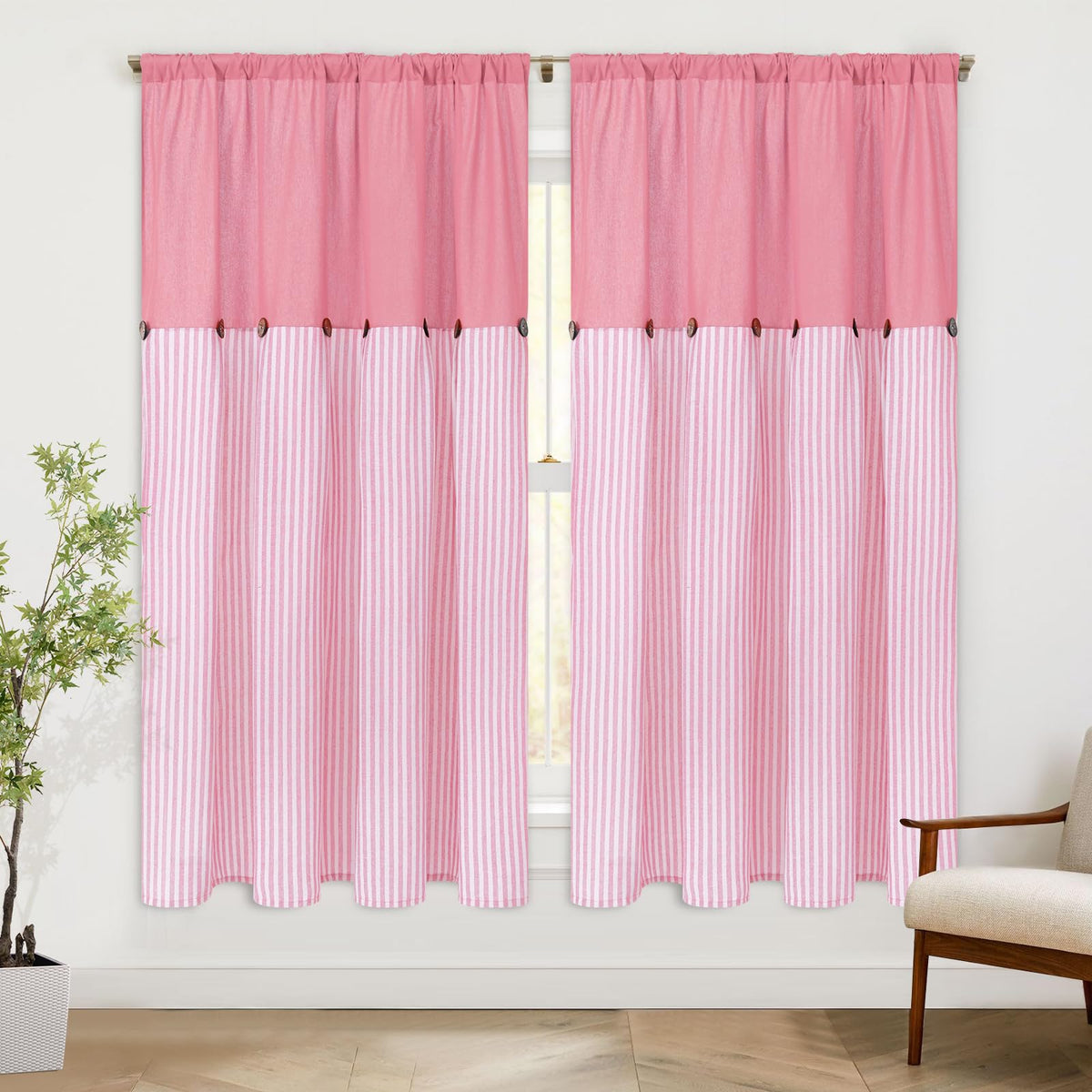 ASPMIZ Cotton Linen Kitchen Valance Curtains, Boho Rustic Button Linen Valances for Windows Farmhouse, Black with Grey Stripe Valance Window Topper Treatment Window Valances for Bathroom, 52 x 18 Inch