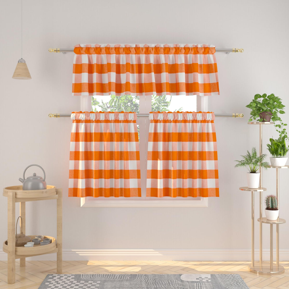 3 Pieces Tier Curtains and Valance Set Buffalo Check Kitchen Tiers Plaid Gingham Rod Pocket Classic Short Small Cafe Curtains Country Farmhouse Cafe Bathroom 54"x18"/27"x24" Brown & White