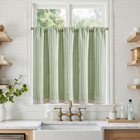 jinchan Stripe Linen Kitchen Valance Curtain, 50x36, 1 Panel, Green