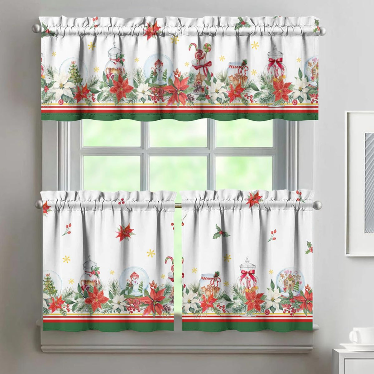 Sage Kitchen Curtain Valance 3 Piece Set, Sage Leaf Floral Kitchen Decor for Home Interior, Farmhouse Style Sink Window Curtains 36 Inch