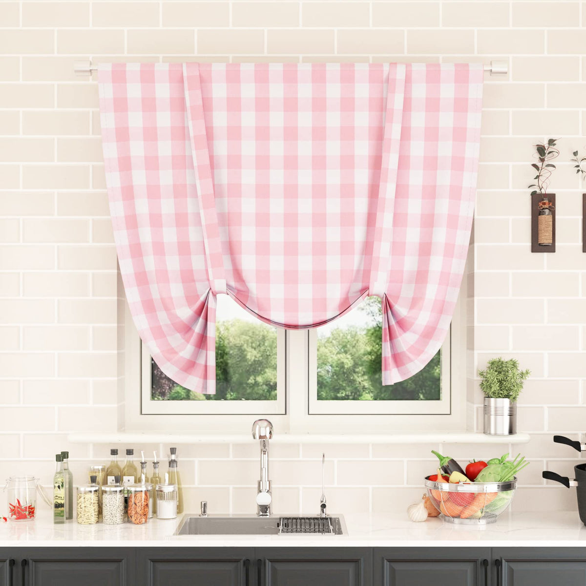 Buffalo Check Kitchen Tier Curtain 24 inches Long Plaid Gingham Rod Pocket Classic Cafe Curtains Country Farmhouse Kitchen Half Window Curtains 2 Panels Beige & White